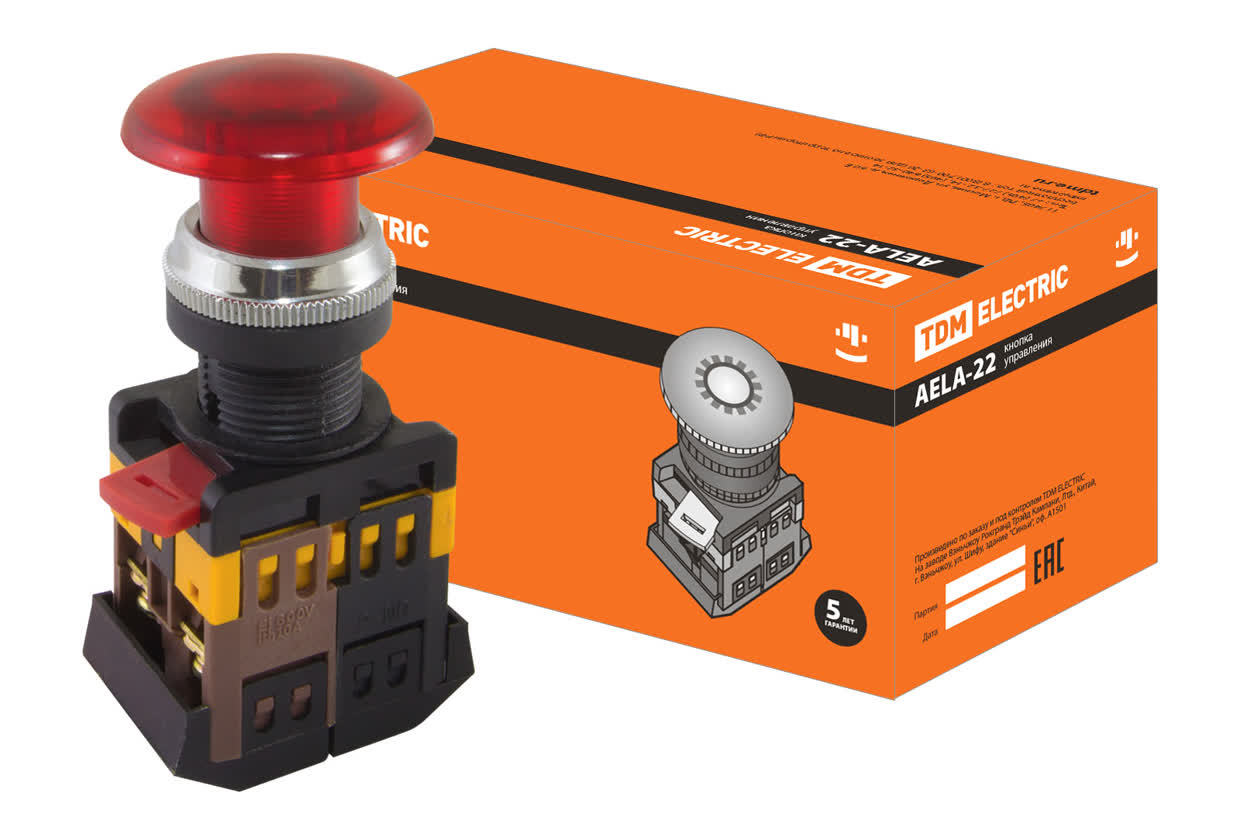 Кнопка грибовидная TDM ELECTRIC SQ0704-0013 AELA-22 красная, неон/230В