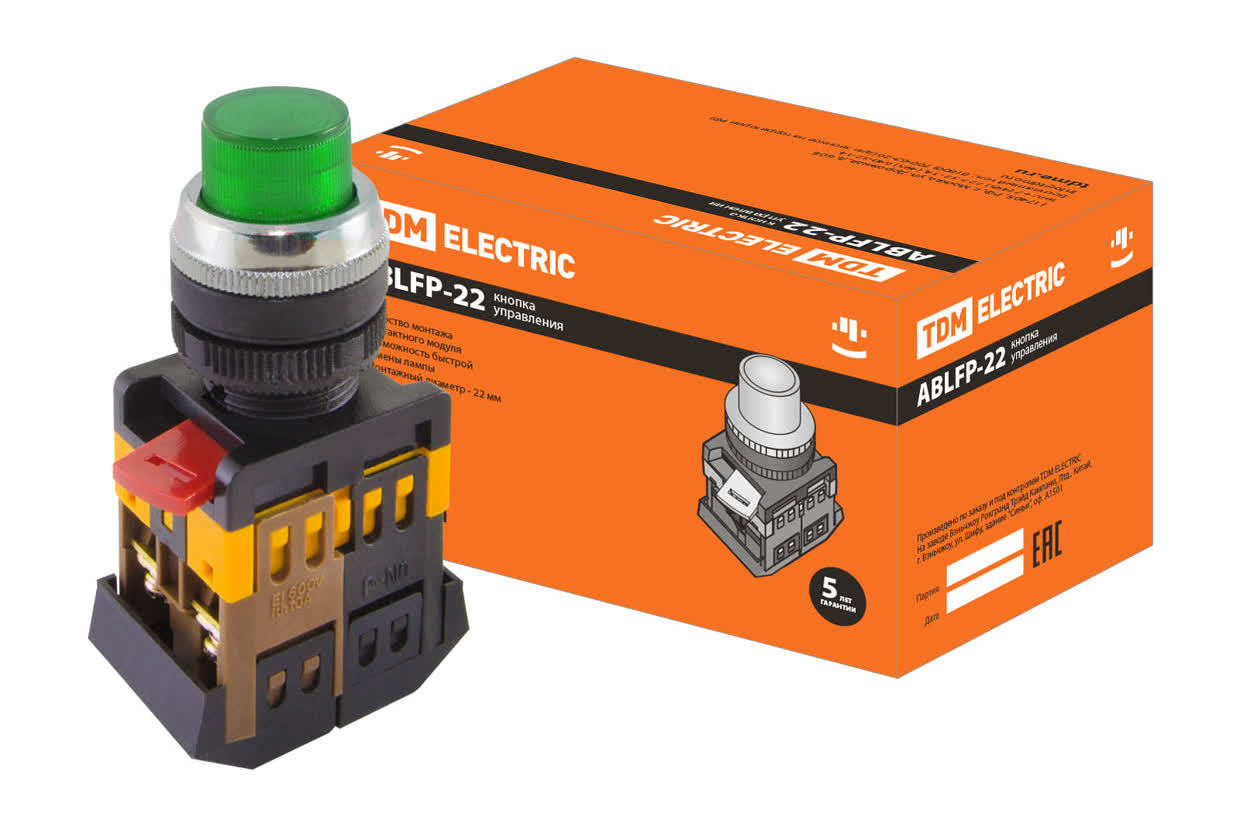Кнопка с подсветкой TDM ELECTRIC SQ0704-0006 ABLFP-22 зеленый, неон/230В (Упаковка 10шт)