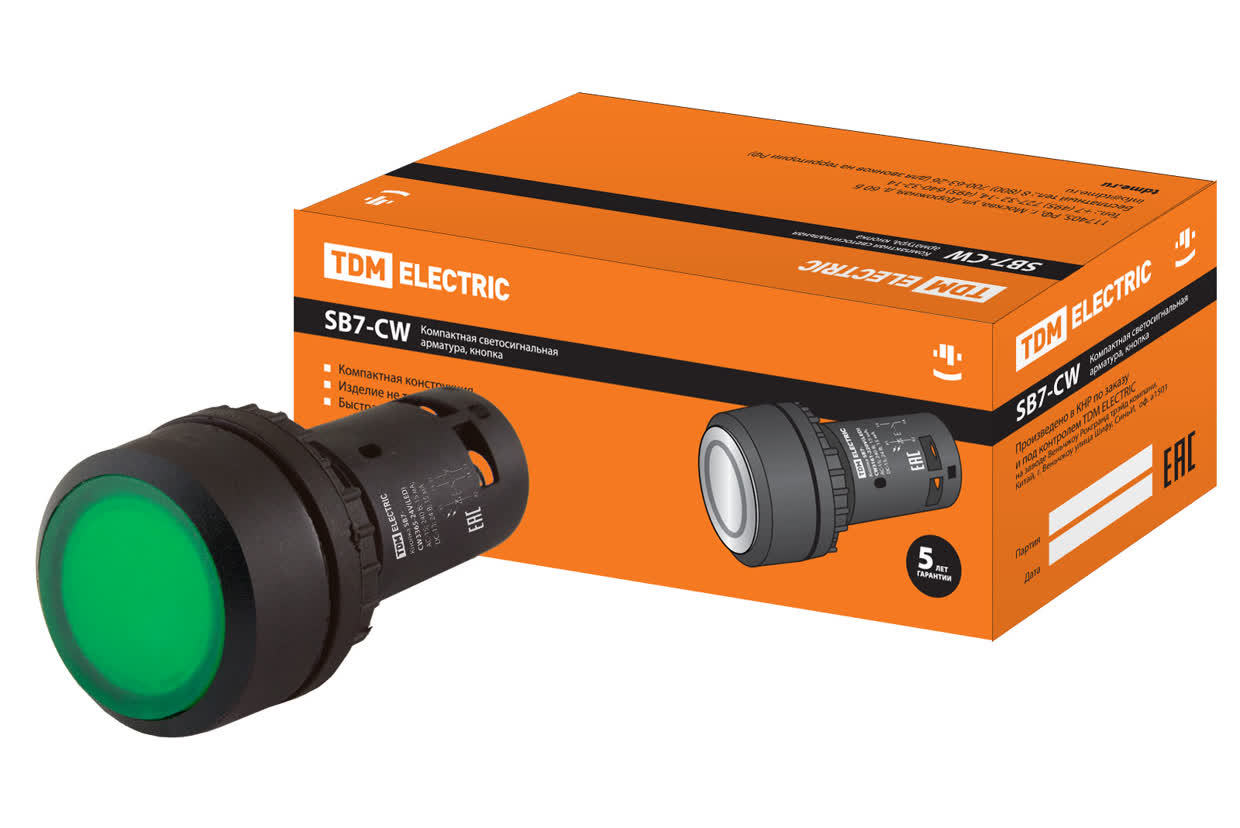 Кнопка с подсветкой TDM ELECTRIC SQ0746-0042 SB7-CWL3365 с фиксацией, зеленая, 24В IP54
