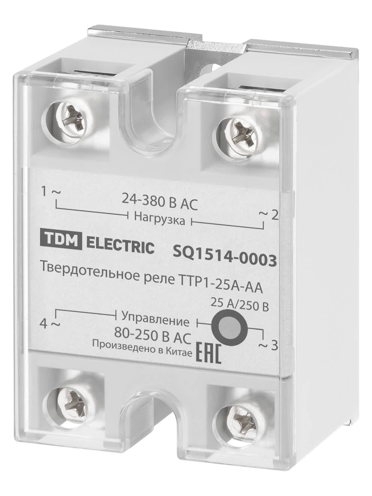 Реле твердотельное TDM ELECTRIC SQ1514-0004 ТТР1-25А-DА, 1ф, 25А, упр: 3-32В DС, нагр: 24-380В АС