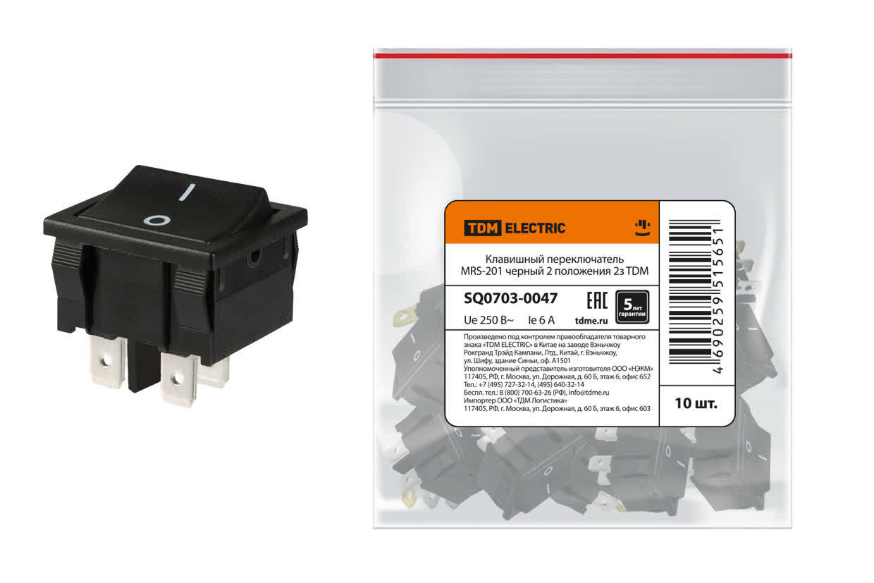 Переключатель клавишный TDM ELECTRIC SQ0703-0047 MRS-201 черный 2 положения 2з (Упаковка 10шт)