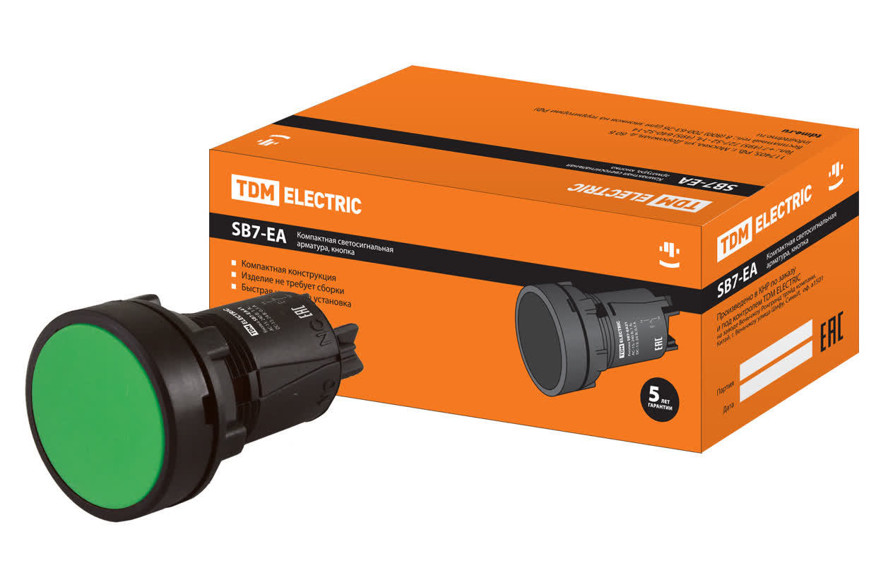 Кнопка TDM ELECTRIC SQ0746-0021 SB7-EA35 с возвратом, зеленая, IP40 (Упаковка 10шт)