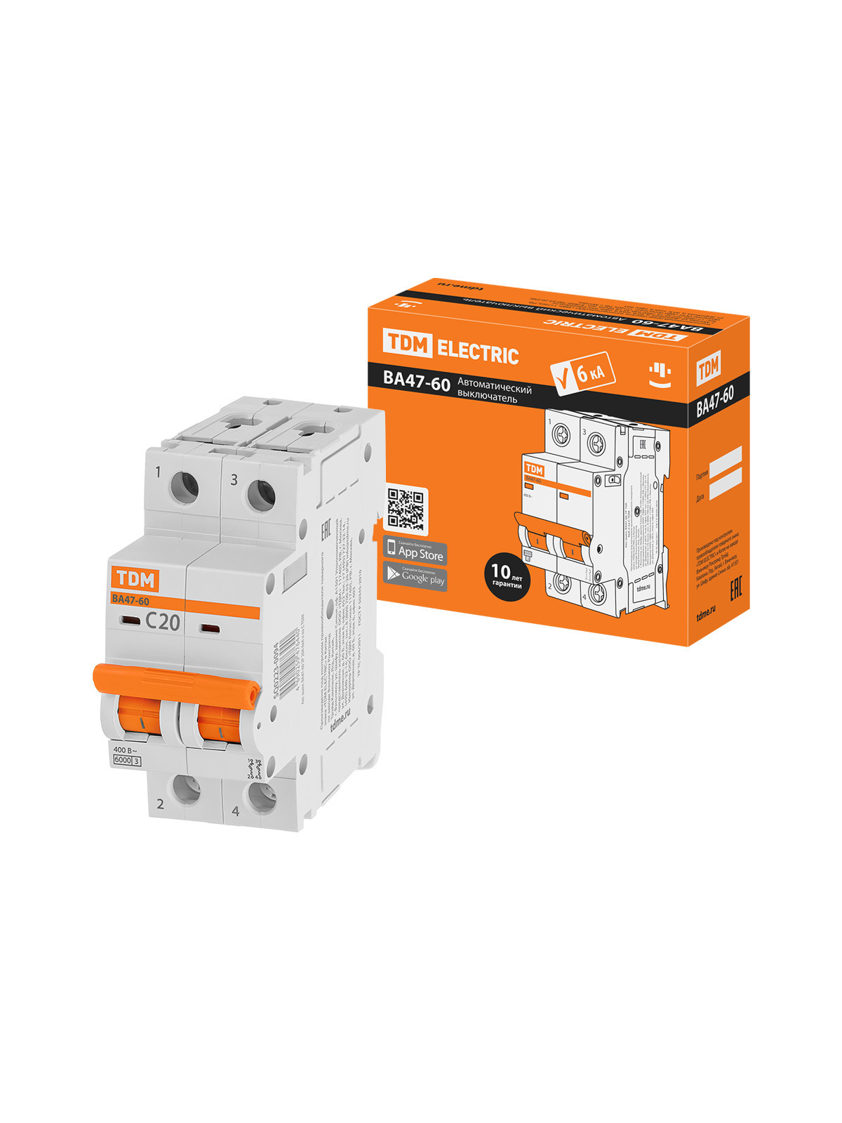 Выключатель автоматический модульный TDM ELECTRIC SQ0223-0094 ВА47-60 2Р 20А 6кА х-ка С