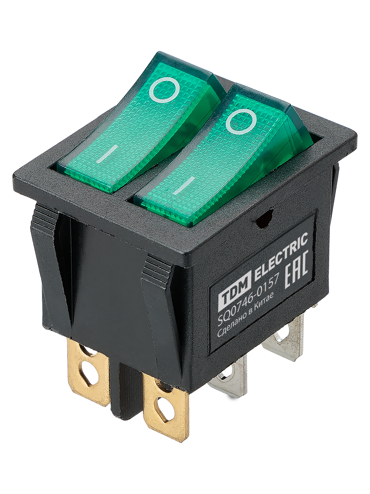 Выключатель клавишный TDM ELECTRIC SQ0746-0157 KCD3-221N 250В AC/DC 1P 15А (6с) ON-OFF, две зеленые клавиши с LED подсветкой