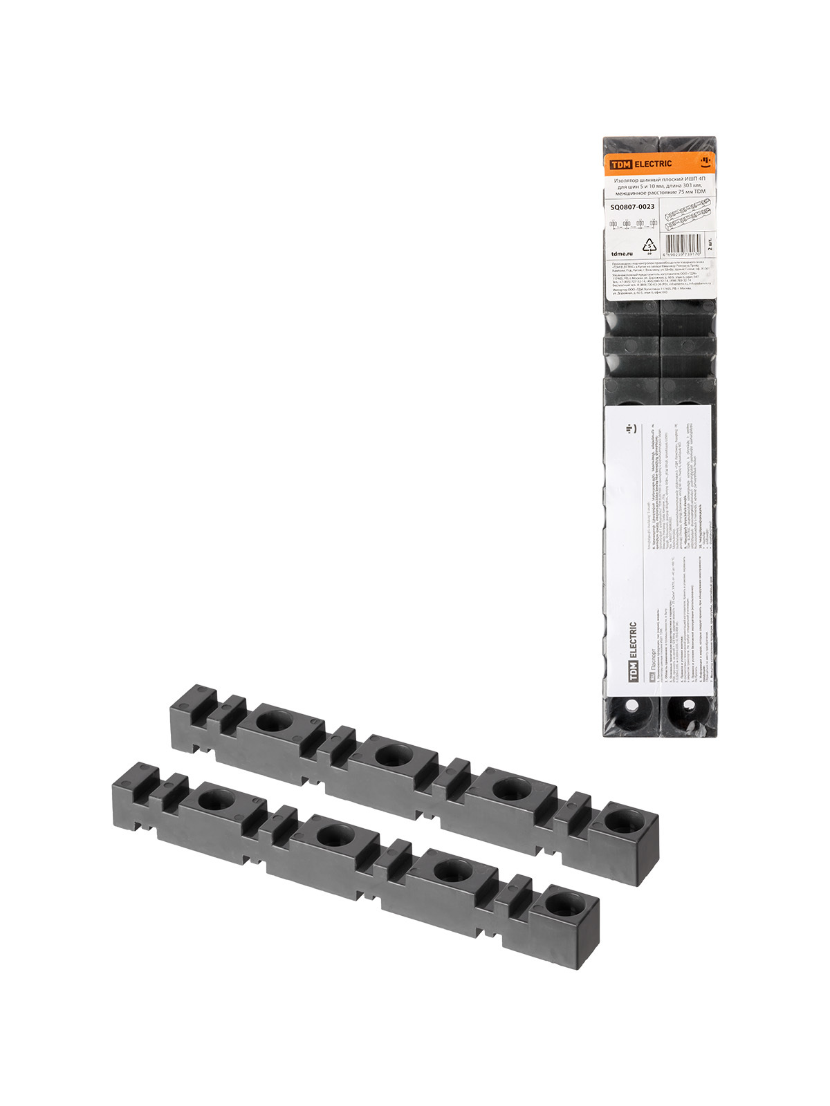 Изолятор шинный плоский TDM ELECTRIC SQ0807-0023 ИШП 4П для шин 5 и 10 мм, длина 303 мм, межшинное расстояние 75 мм (Упаковка 2шт)