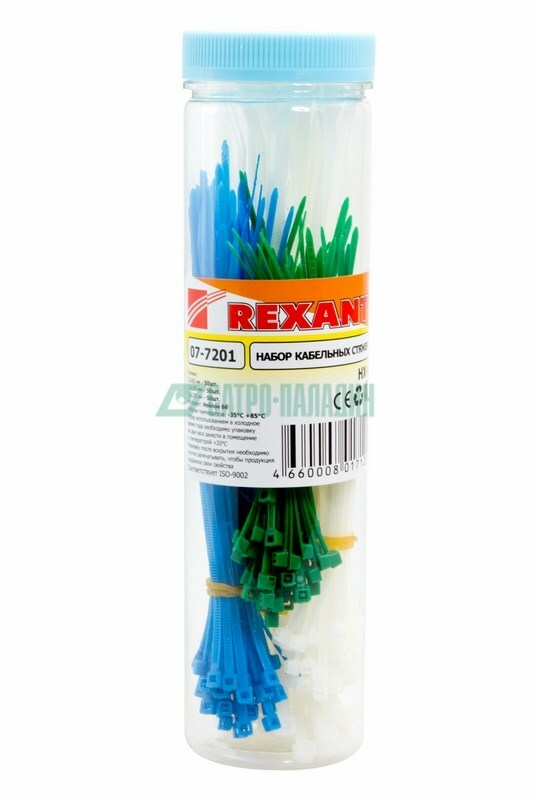 07-7201 ∙ Набор хомутов-стяжек нейлоновых REXANT 100, 150, 200 мм, цветные, НХ-1, тубус 200 шт.