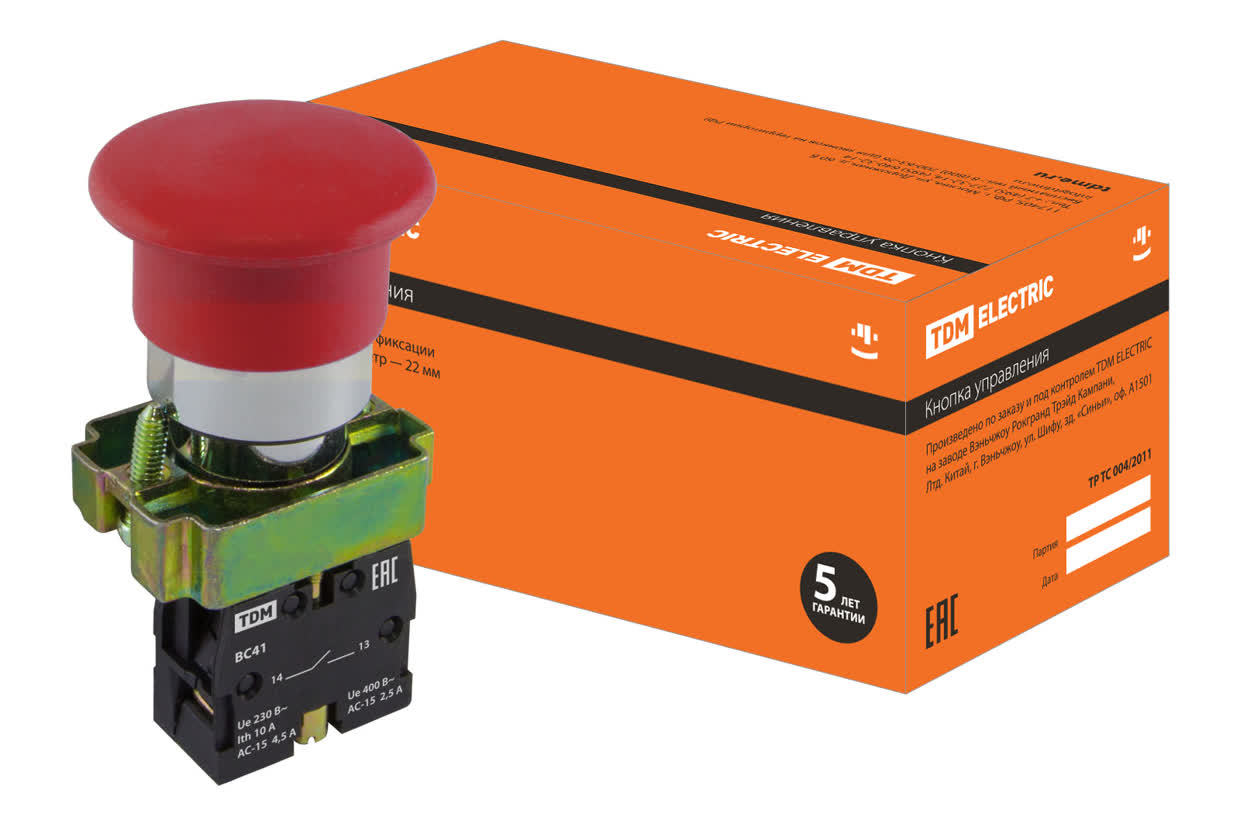 Кнопка грибовидная TDM ELECTRIC SQ0704-0059 SB2-BС42 с возвратом, красная, IP40