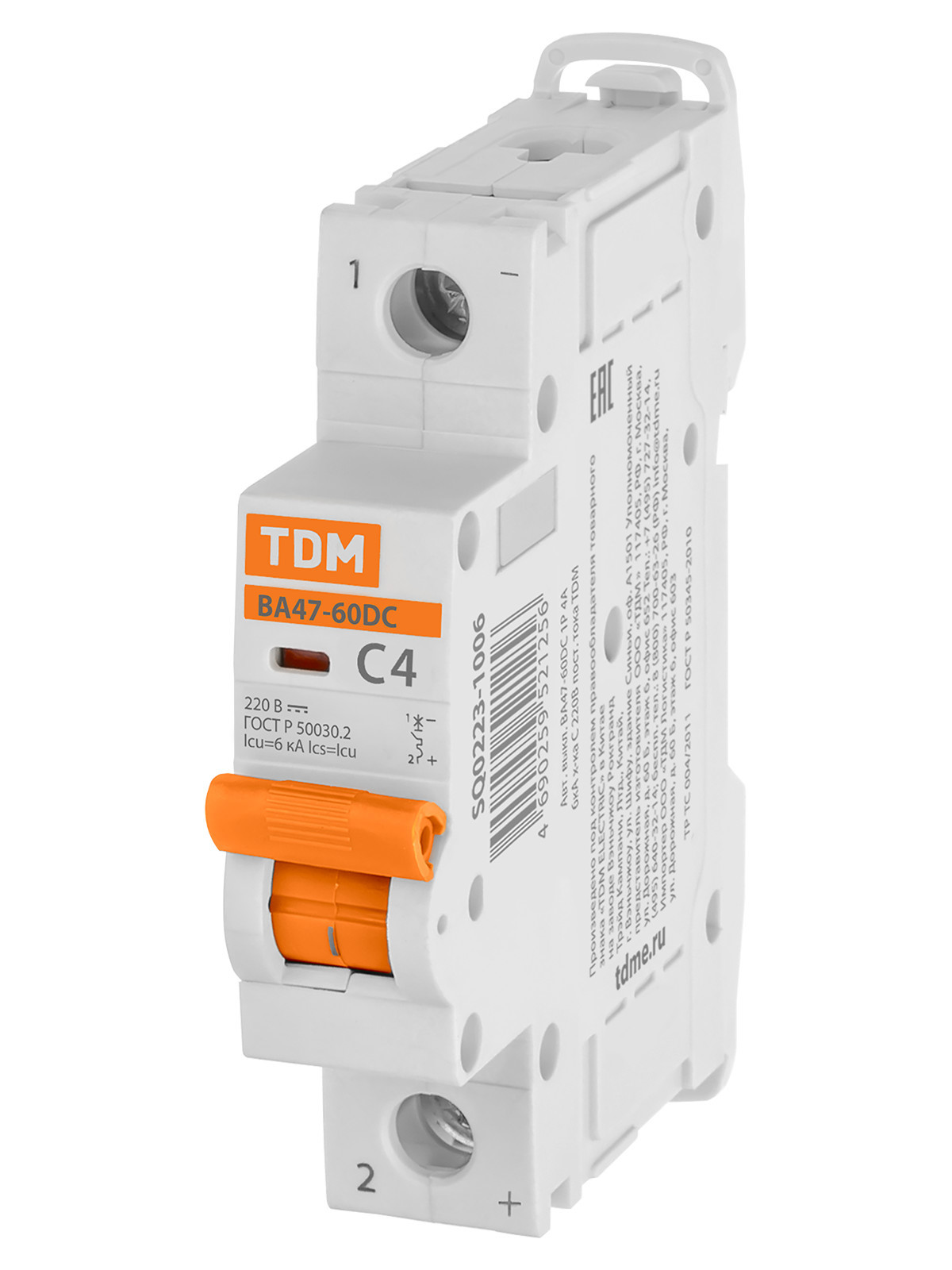 Выключатель автоматический модульный TDM ELECTRIC SQ0223-1006 ВА47-60DC 1P 4А 6кА х-ка С 220В пост. тока