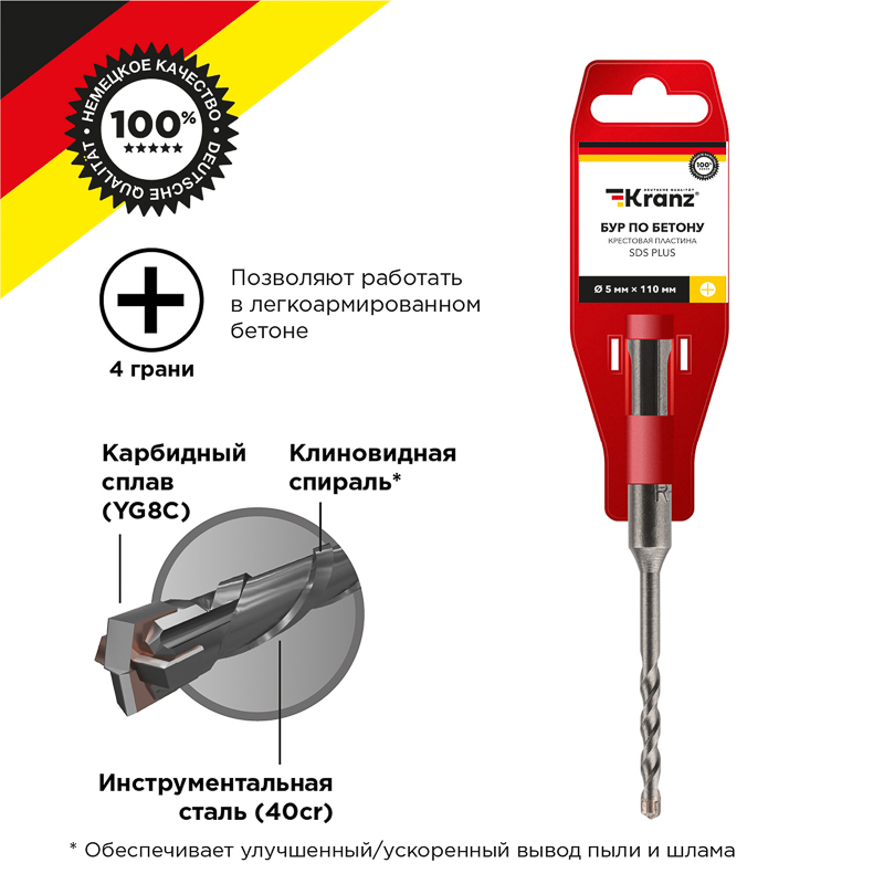 KR-91-0800 ∙ Бур по бетону 5x110x50 мм крестовая пластина SDS PLUS  Kranz ∙ кратно 10 шт