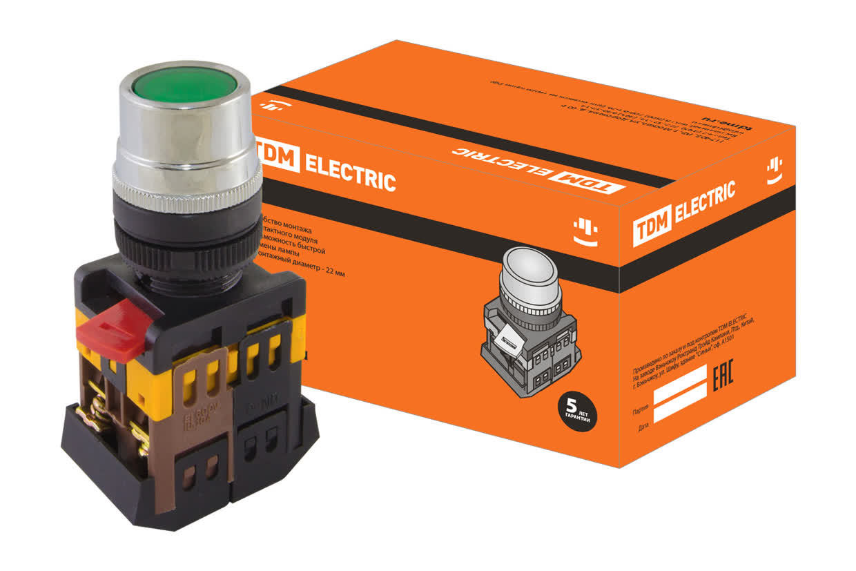 Кнопка с подсветкой TDM ELECTRIC SQ0704-0002 ABLF-22 зеленый, неон/230В (Упаковка 10шт)