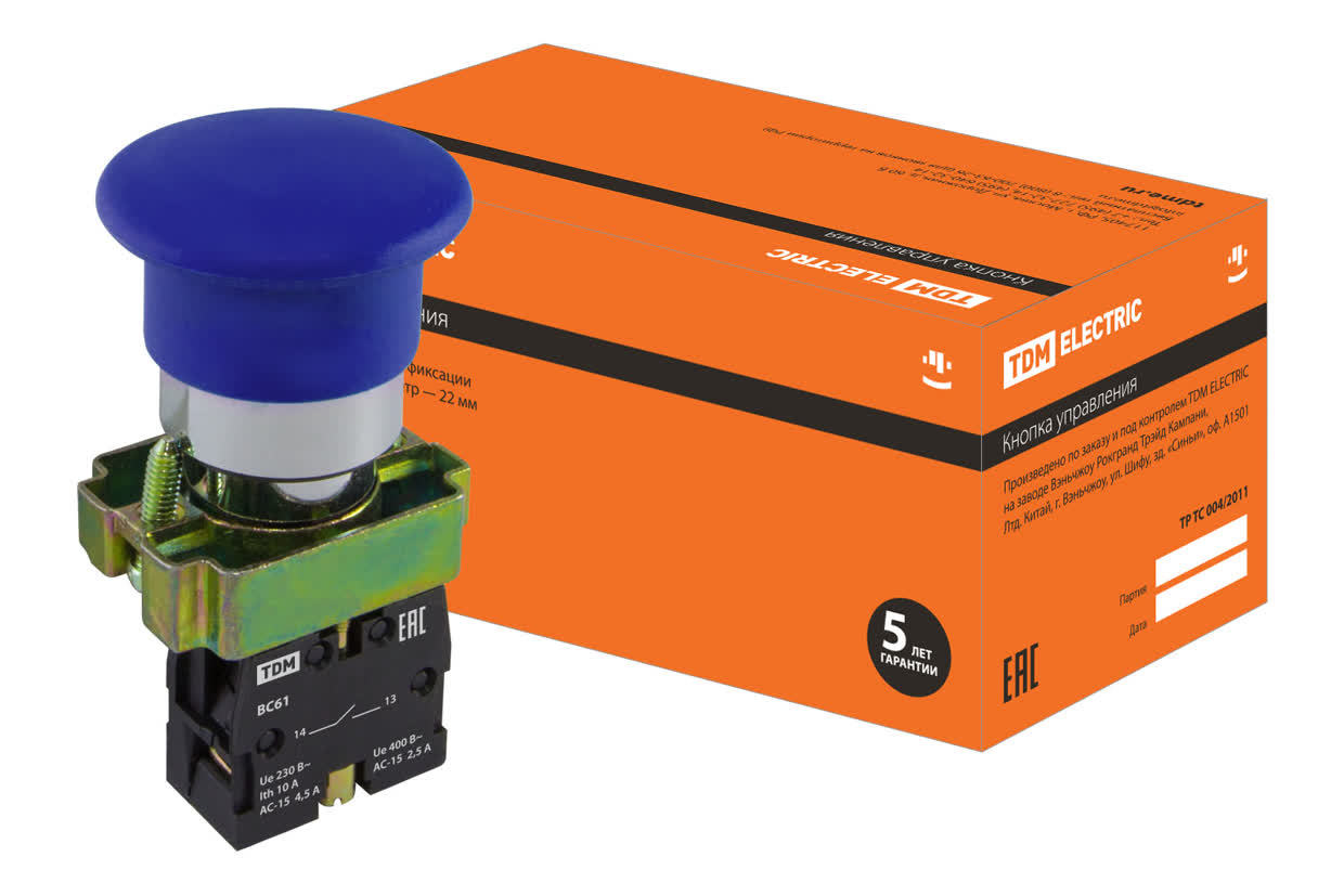 Кнопка грибовидная TDM ELECTRIC SQ0704-0046 SB2-BС61 с возвратом, синяя, IP40