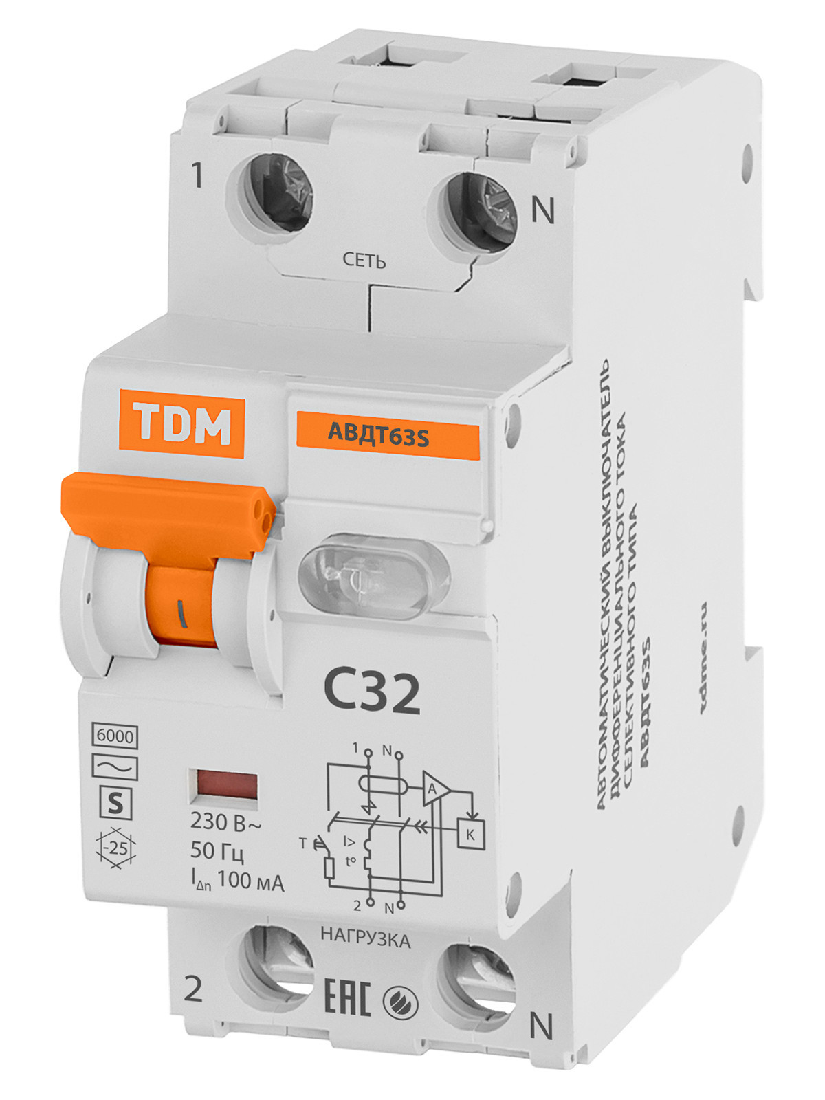 Выключатель автоматический дифференциального тока TDM ELECTRIC SQ0202-0043 АВДТ 63S 2P(1P+N) C63 300мА 6кА тип АС