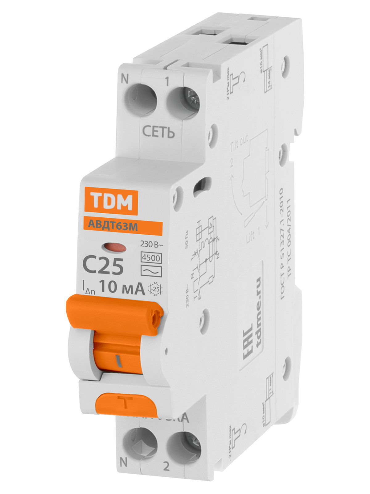Выключатель автоматический дифференциального тока TDM ELECTRIC SQ0202-0061 АВДТ 63М 2P(1P+N) C25 10мА 4,5кА тип АС