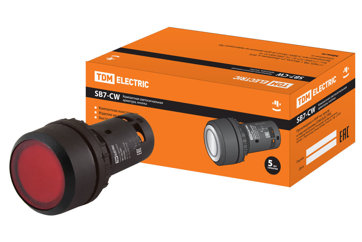 Кнопка с подсветкой TDM ELECTRIC SQ0746-0044 SB7-CWL3465 с фиксацией, красная, 24В IP54