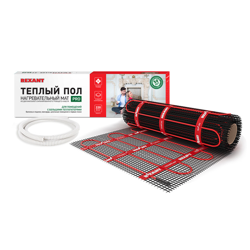 51-0014 ∙ Теплый пол, нагревательный мат REXANT PRO, RNX -3-660, двухжильный, с экраном, площадь 3 м², 0.5х6 м, 660 Вт