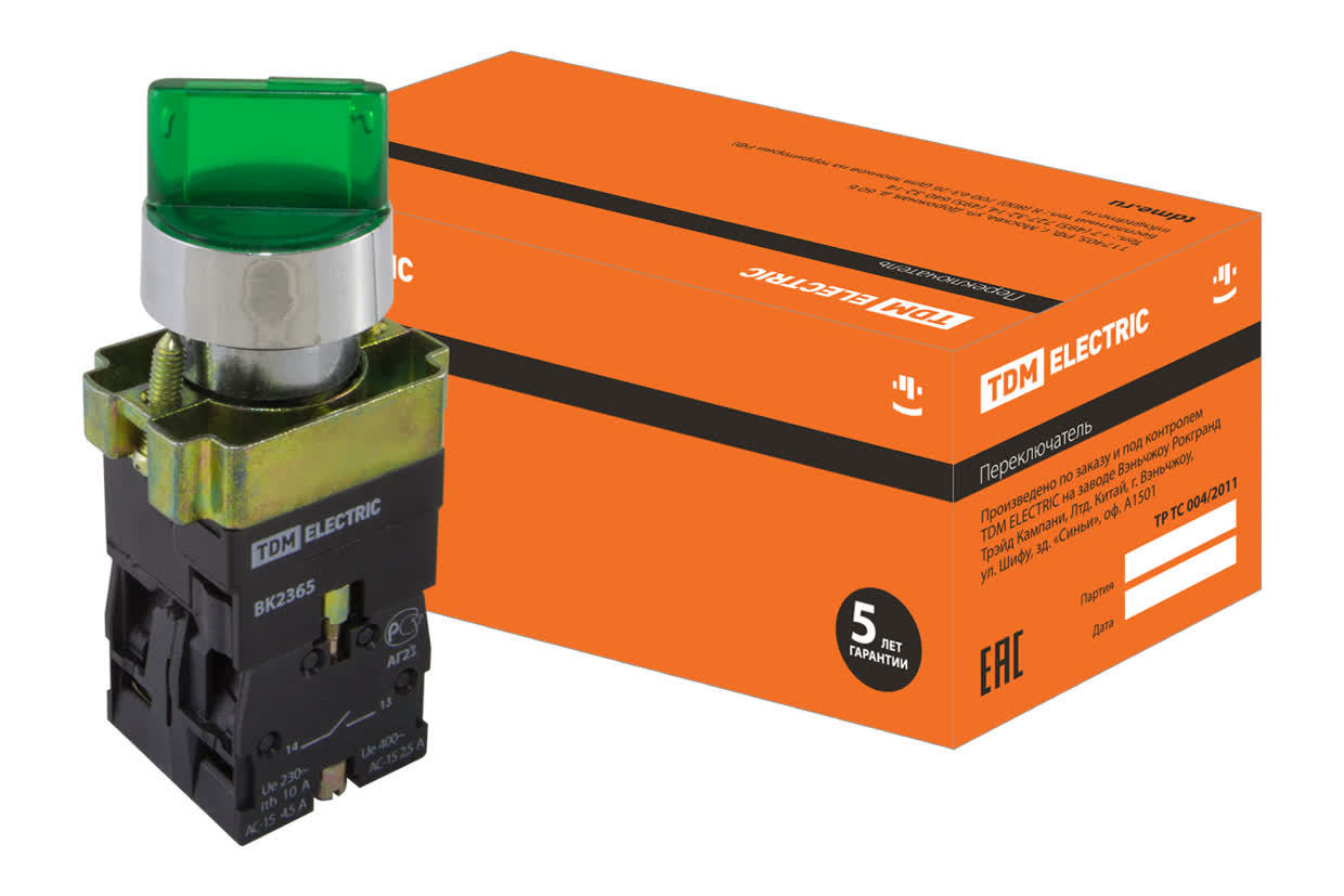 Переключатель TDM ELECTRIC SQ0703-0014 SB2-BK2365 с фиксацией, с подсветкой 230 В LED, зеленый