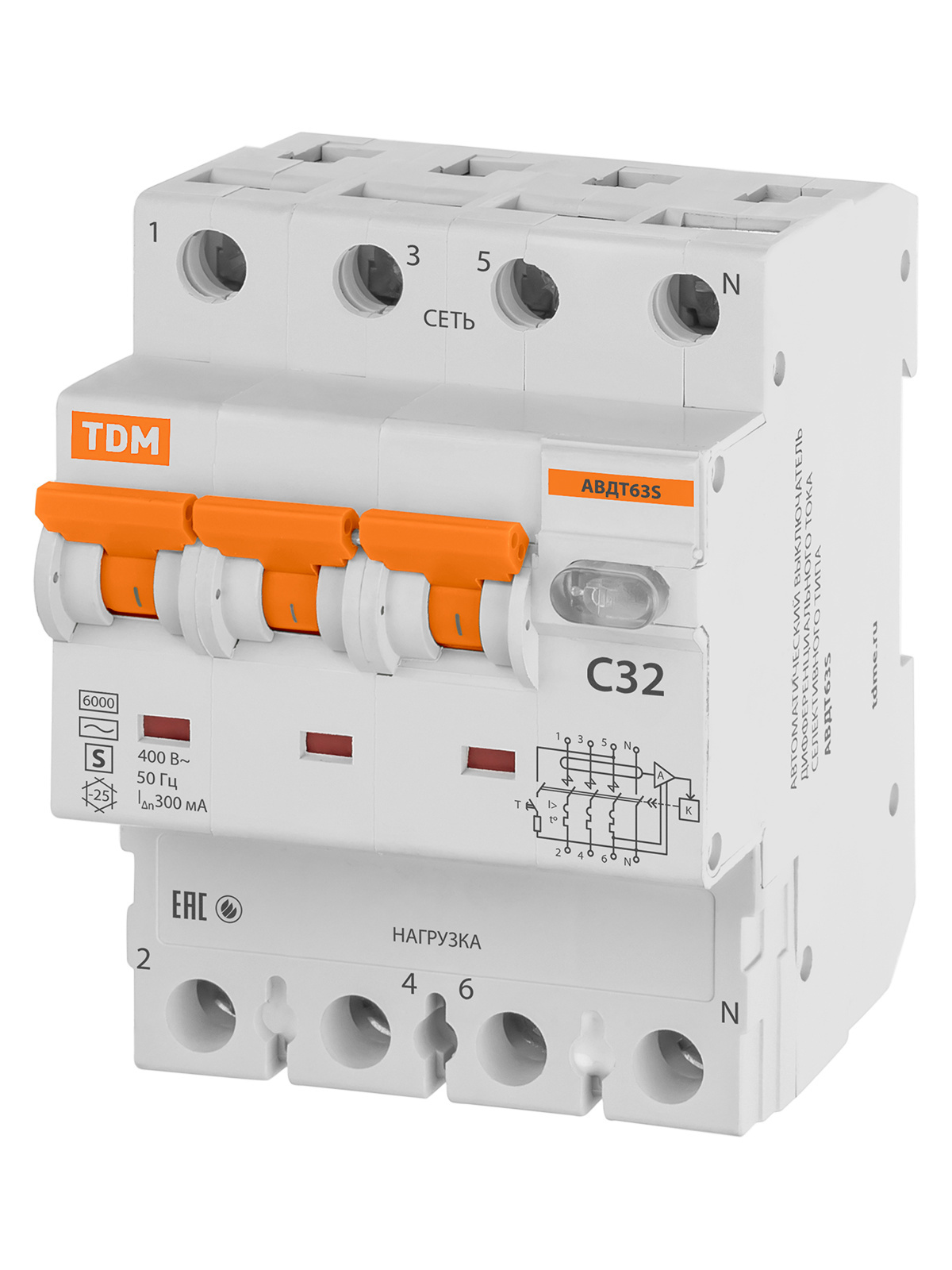 Выключатель автоматический дифференциального тока TDM ELECTRIC SQ0202-0050 АВДТ C63 100мА 6кА тип АС